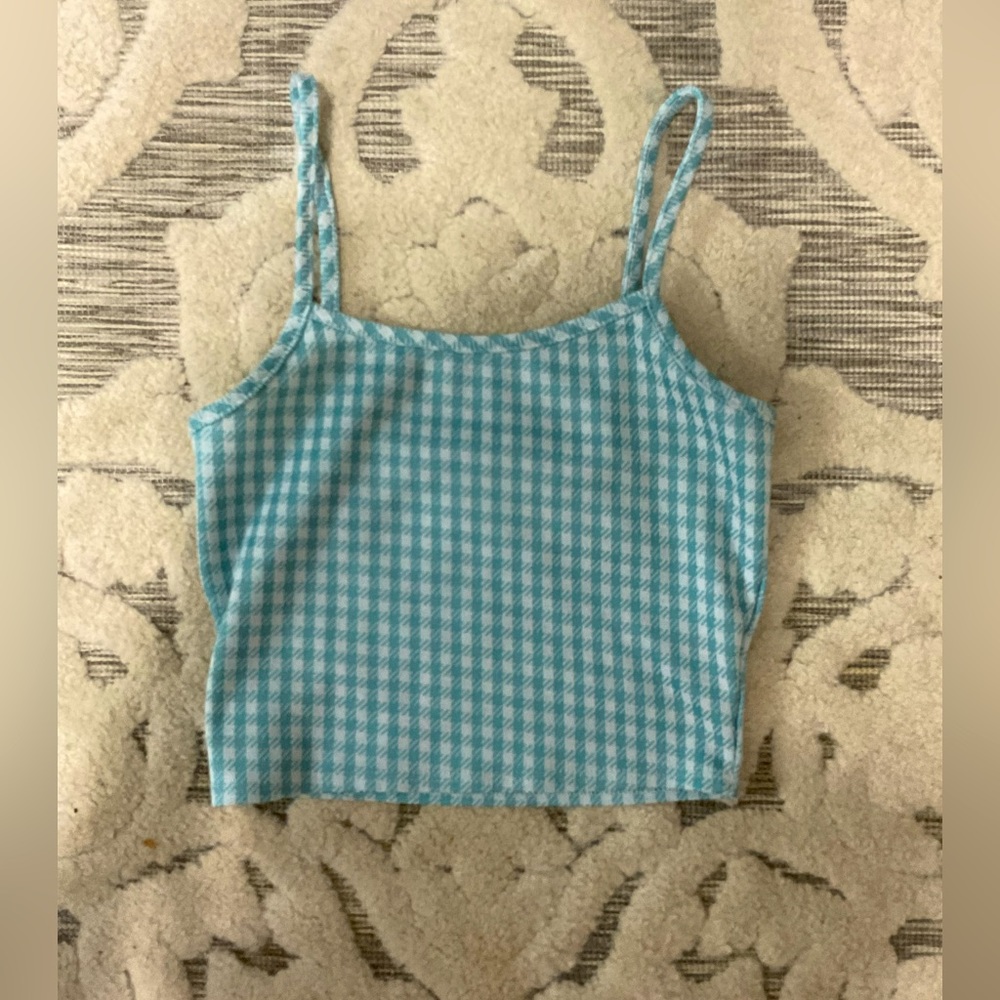 Teal and white checkered crop top.